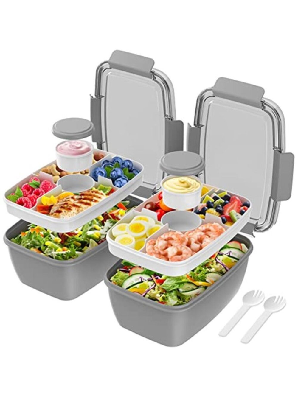 2Pack Salad Lunch Container,68oz Salad Bowls with 4 Compartments Tray,Leak Proof